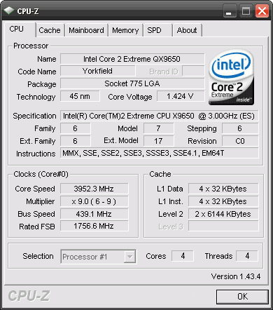  Intel core 2 Extreme QX9650 cpu-z