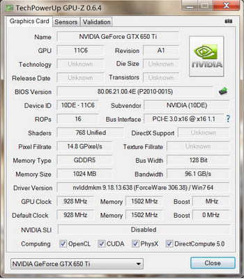 GeForce GTX 650 Ti GPUZ