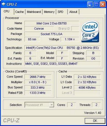 core 2 Duo e6750 (2.66 GHz) on stepping G0